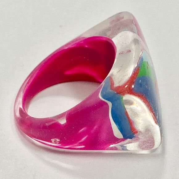 Vintage Acrylic Lucite Cocktail Ring Size 7 8 Pink Blue White Geometric HandMade - Picture 3 of 9